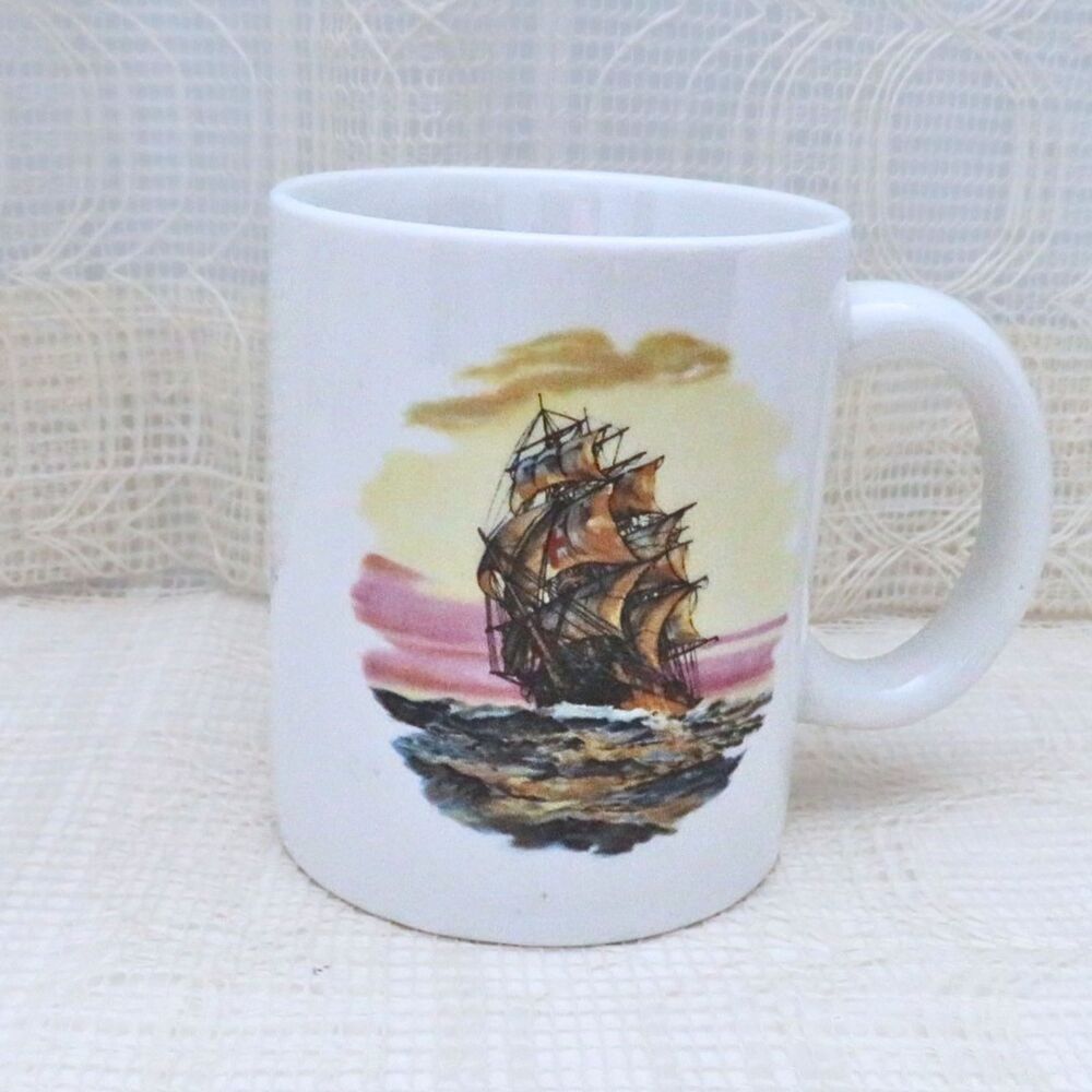 Handmade Vintage White Coffee Mug 11 Ounces with Clipper Ship Sailing on Ocean